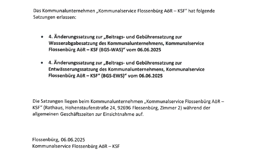 Bekanntmachung 4. Änderungssatzung EWS und WAS