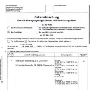 Eintragungsmöglichkeiten Unterstützungslisten Kommunalwahl 2026