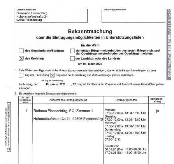 Eintragungsmöglichkeiten Unterstützungslisten Kommunalwahl 2026