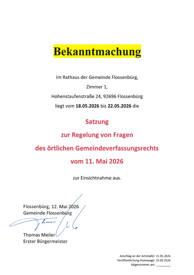 Bekanntmachung Satzung Regelung örtl. Gemeindeverfassungsrecht